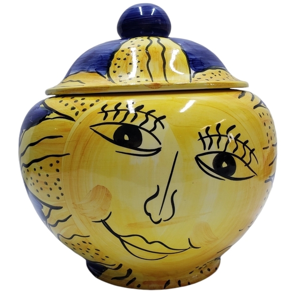 Pier 1 Imports Sun Face Cookie Jar Lid Yellow Blue Hand Painted  Made in Italy - Picture 1 of 16